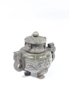 Decorative, Incense, ANTIQUE CHINESE JADE INCENSE BURNER W/LID, SMALL FEET, STONE, GREEN