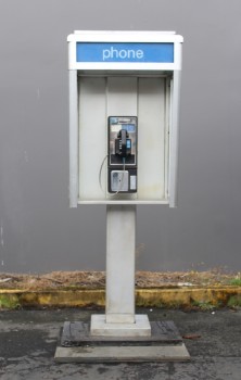 Phone, Payphone, OUTDOOR, FREESTANDING PEDESTAL BOOTH, LATE 20TH CENTURY, SIGNAGE, PUBLIC, EXTERIOR - Shown W/Phone(s). Phones Rent Separately, METAL, SILVER