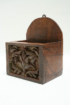 Wall Dec, Holder, CONTAINER W/CARVED FLORAL DESIGN, OLD FASHIONED / VINTAGE LOOK, FADED PAINT, WOOD, BROWN