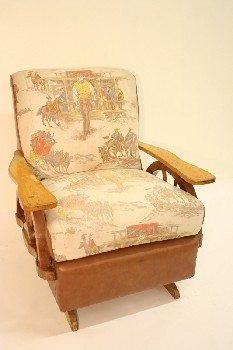 Chair, Rocking, WESTERN/COWBOY PRINT FABRIC, WOOD ARMS W/WAGON WHEEL SUPPORTS, LEATHER, BROWN