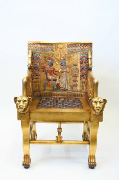 Chair, Misc, MUSEUM EGYPTIAN ROYALTY THRONE W/CAT ARMS, PAW FEET, SNAKES ON BACK & SIDES, SQUARED BACK, WOOD, GOLD