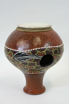 Music, Drum, JUG DRUM W/SIDE HOLE,DOTTED PATTERN, POTTERY, BROWN