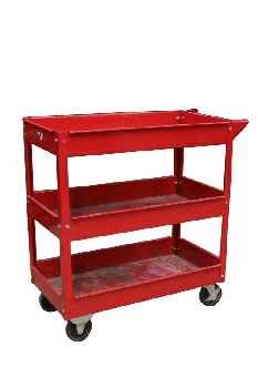 Cart, Garage, WORK OR AUTO SHOP, TOOLS, 3 LEVELS W/HANDLE, ROLLING, METAL, RED