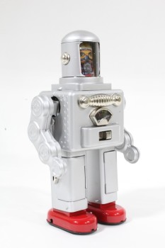 Toy, Robot, ROBOT,BATTERY OPERATED,HUMAN EYES, RED FEET, ALUMINUM, SILVER