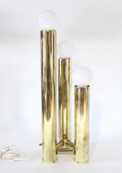 Lighting, Lamp, VINTAGE, 3 BRASS CYLINDERS  OF GRADUATED HEIGHTS, EXPOSED BULBS, MODERN IN THE STYLE OF SCIOLARI, METAL, BRASS