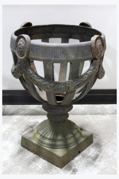Garden, Planter, CAST IRON ANTIQUE ARCHITECTURAL URN, HEAVY, SOLID, SPACED BANDS, WREATH & MEDALLION MOTIF, SQUARE BASE, IRON, BLACK