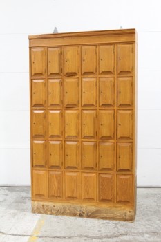 Locker, Misc, ANTIQUE OAK WALL PANEL W/4 ROWS OF 6 LOCKER DOORS, LOWER ROW OF BEVELED PANELS, ONE SOLID UNIT, WOOD, BROWN