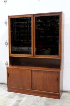 Cabinet, Wood, DANISH ROSEWOOD, 2 UPPER SLIDING GLASS DOORS, LOWER CABINET W/SLIDING DOORS, SHELVES INSIDE BOTH PCS, TOP (51x54.5x12") & BASE (26x54.5x17") ARE SEPARATE, WOOD, BROWN