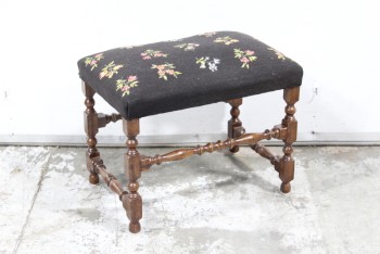 FOOT REST / STOOL OR BENCH SEAT, 4 TURNED BROWN WOOD LEGS, RECTANGULAR TOP W/CROSS STITCHED FLOWERS ON BLACK FABRIC, PETIT POINT, OLD FASHIONED STYLE, Seating