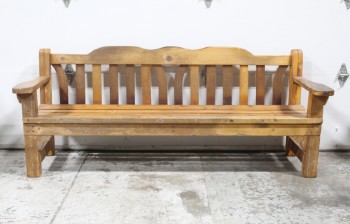 Bench, Slat Back, SLATTED W/CARVED BACK, ROUNDED ARMS, AGED, USED, WOOD, BROWN