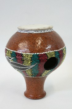 Music, Drum, JUG DRUM W/SIDE HOLE, RED GREEN & YELLOW DOTTED PATTERN & GECKO, POTTERY, BROWN