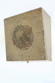 Audio, Speaker, SQUARE,PERFORATED CENTER CIRCLE,TAPERED SIDES,AGED , METAL, BEIGE