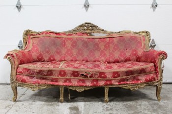 Sofa, Three Seat, ANTIQUE COUCH, VICTORIAN, ORNATE WOOD FRAME, VERY DISTRESSED & RIPPED, STUFFING EXPOSED BUT FRAME INTACT, SILK, PINK
