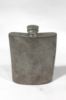 Drinkware, Flask, PLAIN W/SCREW ON LID,CURVED,AGED , METAL, SILVER