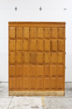 Locker, Misc, ANTIQUE OAK WALL PANEL W/3 ROWS OF 8 LOCKER DOORS, 2 LOWER ROWS OF BEVELED PANELS, ONE SOLID UNIT, WOOD, BROWN