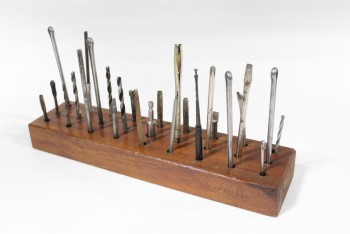 Decorative, Dressed Box, DRILL BITS & SIMILAR, WORK SHOP, 27 TOOLS & ATTACHMENTS IN BROWN BOARD W/HOLES, INDUSTRIAL, WOOD, BROWN