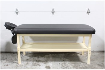 Medical, Table, MASSAGE, SPA, CREAM COLOURED ADJUSTABLE HEIGHT WOOD FRAME W/LOWER SHELF, BLACK VINYL PADDING, JUST TABLE IS 35x75x30