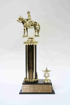 Trophy, Animal, HORSE W/RIDER, BLACK/GOLD COLUMN, STAR, PLASTIC, GOLD