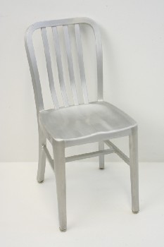 Chair, Side, PLAIN W/4 VERTICAL BARS ON BACK, ROUNDED CORNERS, BRUSHED FINISH, ARMY CHAIR, ALUMINUM, SILVER
