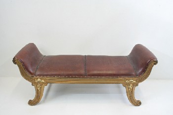 Bench, Misc, GOLD PAINTED LOUNGING BENCH W/ORNATE LEGS, BRAIDS, TACKING, LEATHER, BURGUNDY
