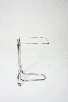 Medical, Stand, HOLDS HOSPITAL TRAY, ADJUSTABLE, GREY KNOB, TUBULAR, ROLLING, STAINLESS STEEL, SILVER