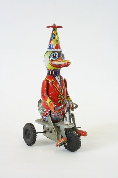 Toy, Animal, VINTAGE TIN DUCK W/RED JACKET & HAT ON A TRIKE, METAL, MULTI-COLORED