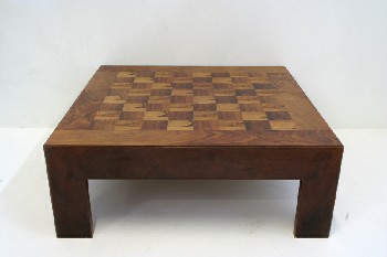 Table, Coffee Table, LOW, SQUARE, INLAID CHECKER BOARD / PARQUET TOP, WOOD, BROWN