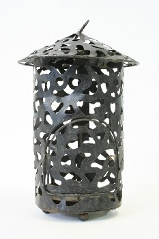 Candles, Lantern, POINTED TOP W/LOOP, CYLINDRICAL, PERFORATED HOLES/SHAPES ALL AROUND, SMALL HINGED DOOR, AGED, METAL, BLACK