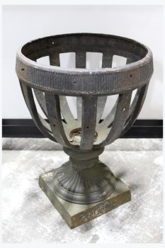 Garden, Planter, CAST IRON ANTIQUE ARCHITECTURAL URN, HEAVY, SOLID, SPACED BANDS, SQUARE BASE, IRON, BLACK
