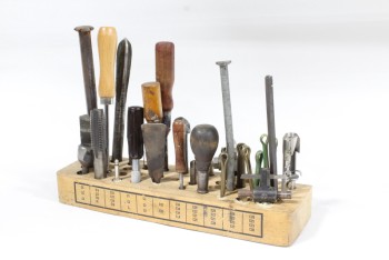 Decorative, Dressed Box, WORK SHOP, ASSORTED TOOLS & ATTACHMENTS IN BROWN BOARD W/HOLES, INDUSTRIAL, WOOD, BROWN