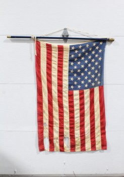Flag, USA, 58x34" VINTAGE COTTON AMERICAN FLAG ON 50" BLUE WOOD POST, RIPPED, TATTERED & TORN FROM BEING OUTSIDE, HOLES, AGED, COTTON, RED