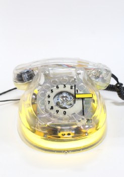 Phone, Rotary, VINTAGE / POST MODERN 1980s, TRANSPARENT, YELLOW NEON (WORKS), PLASTIC, CLEAR