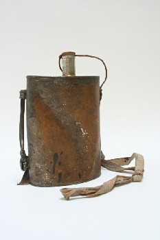 Drinkware, Canteen, CANTEEN,SLIGHTLY CURVED,SOILED WHITE STRAP,CORK LID,RUSTY, METAL, GREY
