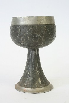 Drinkware, Goblet, ROUND BASE & CUP,ORNATE RELIEF, DENTED/AGED, PEWTER, SILVER