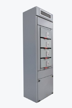 Industrial, Miscellaneous, RECTANGULAR BOX, HYDRO / UTILITY, SWITCHGEAR UNIT W/4 ROTATING ON/OFF SWITCHES W/RED HANDLES, TOP VENT PANEL, PLAIN SIDES, BACKLESS, WOOD, GREY