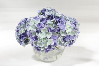 Plant, Fake, REALISTIC SILK BLUE & PURPLE FLOWERS, HYDRANGEAS, PERMANENT FLORAL ARRANGEMENT IN 6" CLEAR GLASS VASE, TOTAL HT APPROX 12", SILK, PURPLE