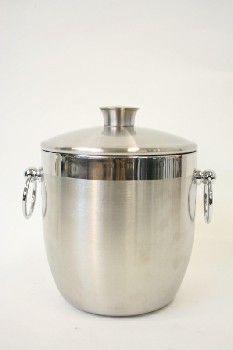 Bar, Ice Bucket, TAPERED CYLINDRICAL W/RING HANDLES & LID , METAL, SILVER