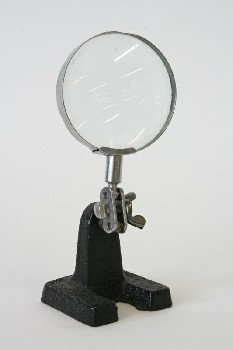 Science/Nature, Magnifier, MAGNIFYING GLASS ON BLACK STAND, JEWELER/LAB, VINTAGE INDUSTRIAL, METAL, SILVER