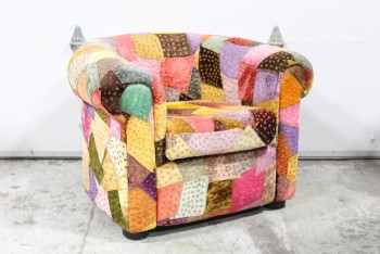 Chair, Armchair, TUB/CLUB SHAPE W/ROLLED ARMS, MULTICOLOUR PATCHWORK, STITCHED, HANDMADE LOOK, FABRIC, MULTI-COLORED