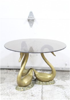 Table, Side, VINTAGE COCKTAIL TABLE, HOLLYWOOD REGENCY / NEO-CLASSIAL / GLAM, 3 BRASS SWANS / LONG NECKED BIRDS HOLD ROUND SMOKED GLASS TOP (23.5" DIAMETER, 1/4" THICK), BRASS BASE W/PATINA, GLASS, BRASS