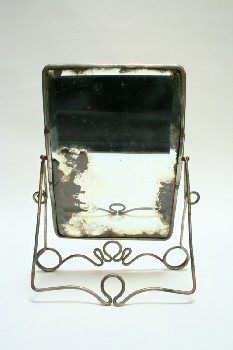Mirror, Vanity, RECTANGULAR, CURLED ROD STAND, ANTIQUE, METAL, SILVER