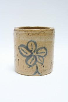 Decorative, Container, CYLINDRICAL, MOTTLED W/DARK BLUE FLOWER, POTTERY, BEIGE