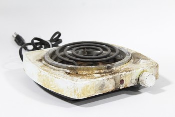 Appliance, Hot Plate, SINGLE BURNER HOT PLATE, AGED / DISTRESSED / BURNED, METAL, WHITE