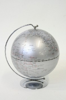 Globe, Tabletop, WORLD MAP GLOBE ON HOOKED STAND W/BLACK & RED TEXT, PLASTIC, GREY