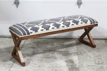 Bench, Misc, WOVEN CUSHION TOP W/BLUE & BLACK PATTERN, CROSSED CONNECTED BROWN WOOD LEGS, WOOD, BLUE