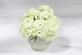 Plant, Fake, REALISTIC SILK WHITE FLOWERS, HYDRANGEAS, PERMANENT FLORAL ARRANGEMENT IN 6" CLEAR GLASS VASE, TOTAL HT APPROX 12-13", SILK, WHITE