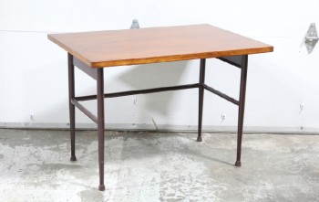Desk, Wood, PLAIN BROWN RECTANGULAR WOOD TOP, BROWN METAL LEGS & FRAME, WOOD, BROWN