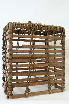 Cage, Wood, RUSTIC OLD STYLE BIRD CAGE, RECTANGULAR, SLATS, ROPE WRAPPED FRAME, BOTTOMLESS, WOOD, BROWN