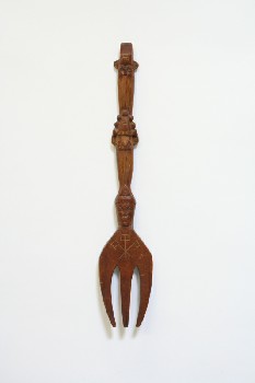 Wall Dec, Shapes , FORK W/3 CARVED FACES, OVERSIZED UTENSIL, WOOD, BROWN