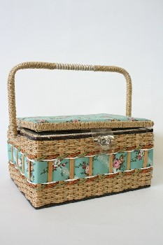 Sewing, Basket, VINTAGE, W/LID, LATCH & HANDLE, WOVEN RIBBON & FLORAL FABRIC, WICKER, GREEN